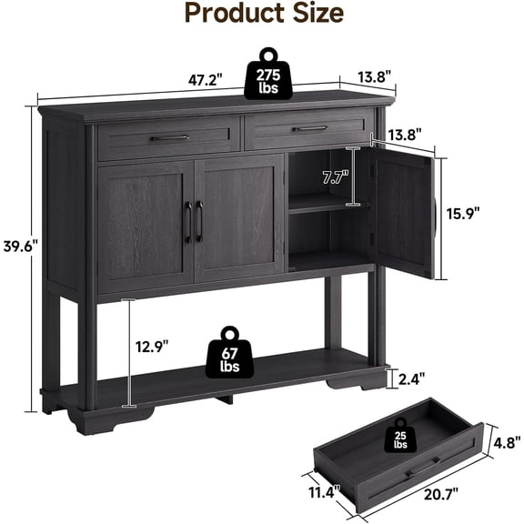 47.2 Inches Entry Table with Storage, Farmhouse Buffet Cabinet w/2 Drawers and 3 , Open Storage Shelf, Adjustable Shelves, Coffee Bar Console Cabinet for Kitchen, Living Room, Black