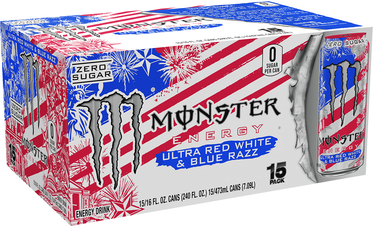 Monster Energy Ultra, Red White & Blue Razz, Sugar Free Energy Drink, 15 Pack - 16 Fl Oz