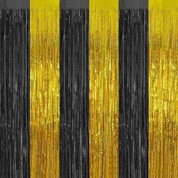 PMU Metallic Fringe Curtains (Gold and Black) 3ft x 8ft Pkg/6