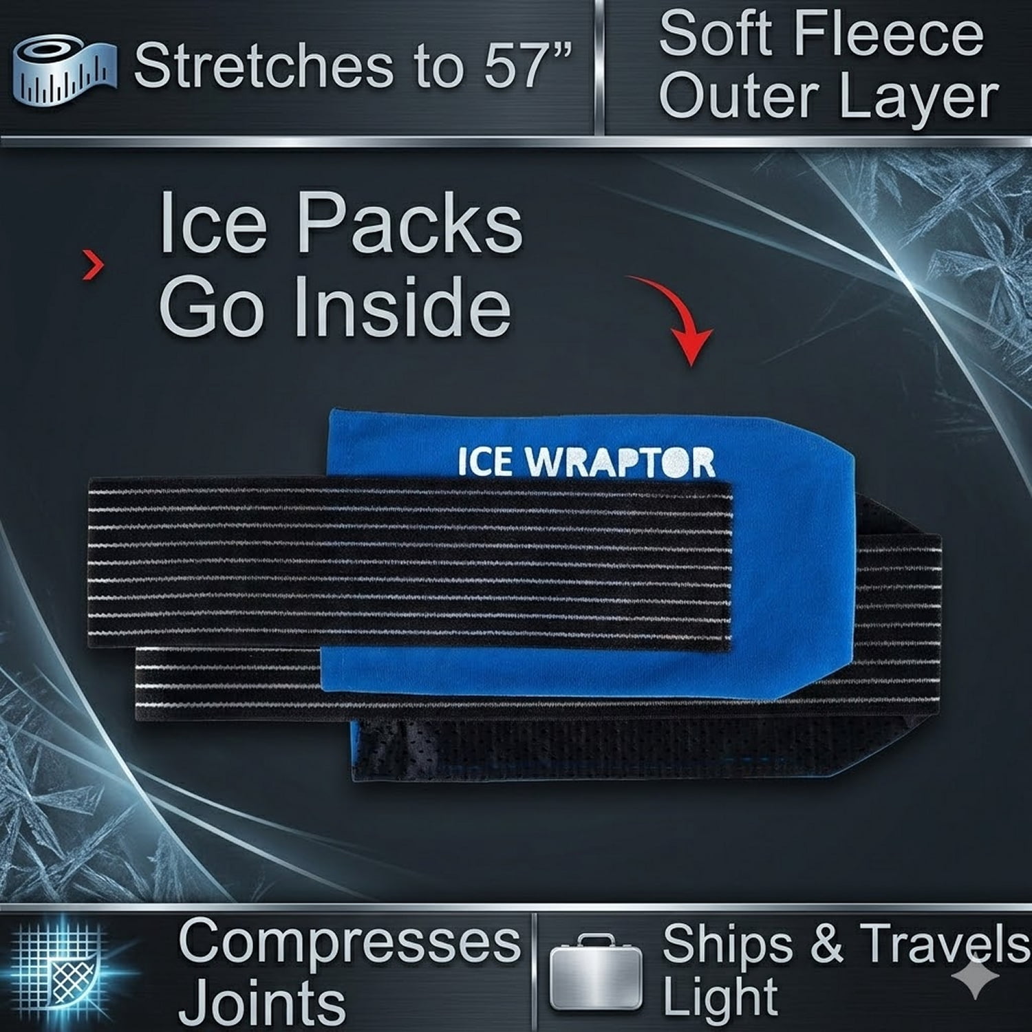 Therapeutic Ice Pack Wrap 57" 5-PACK - ICE WRAPTOR - Good for Knees, Shoulders, Elbows, and Other Body Areas. Include 10 Reusable Hydratable Ice Packs.