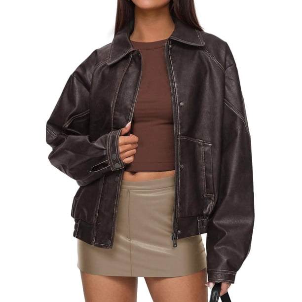 Abrigo PRETTYGARDEN Chaqueta Bomber de Cuero Sintético Marrón Oscuro XXL