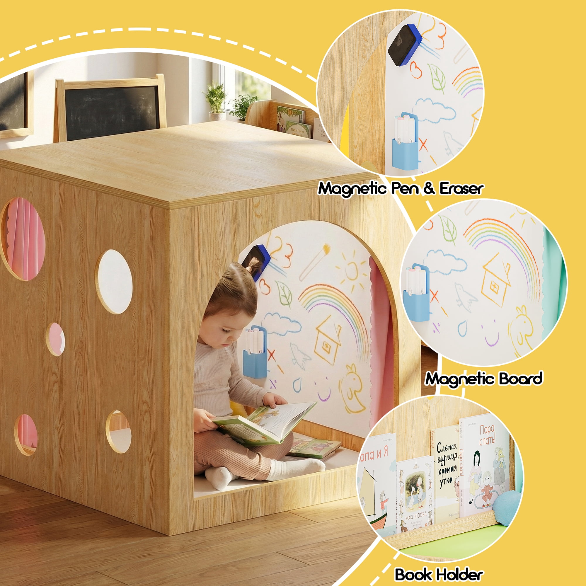 Advwin 30" Cozy Reading Cube with Curtains, Cushion Mat & Light, Wood Reading Nook Quiet Corner Playhouse with Whiteboard, Bookshelf & Acrylic Window Panel for Home School Classroom Daycare, Pink