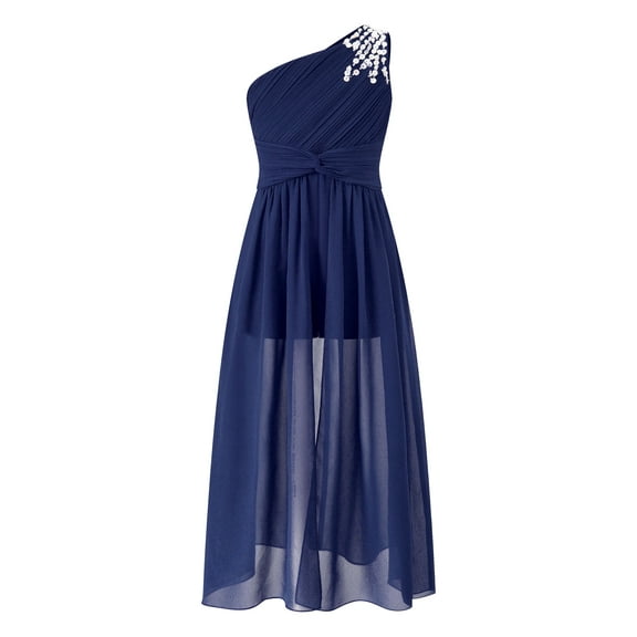 CHICTRY Kids Flower Girl Dress One Shoulder Ruched Bodice Romper Dress Wedding Birthday Party Maxi Ball Gown Navy Blue 10