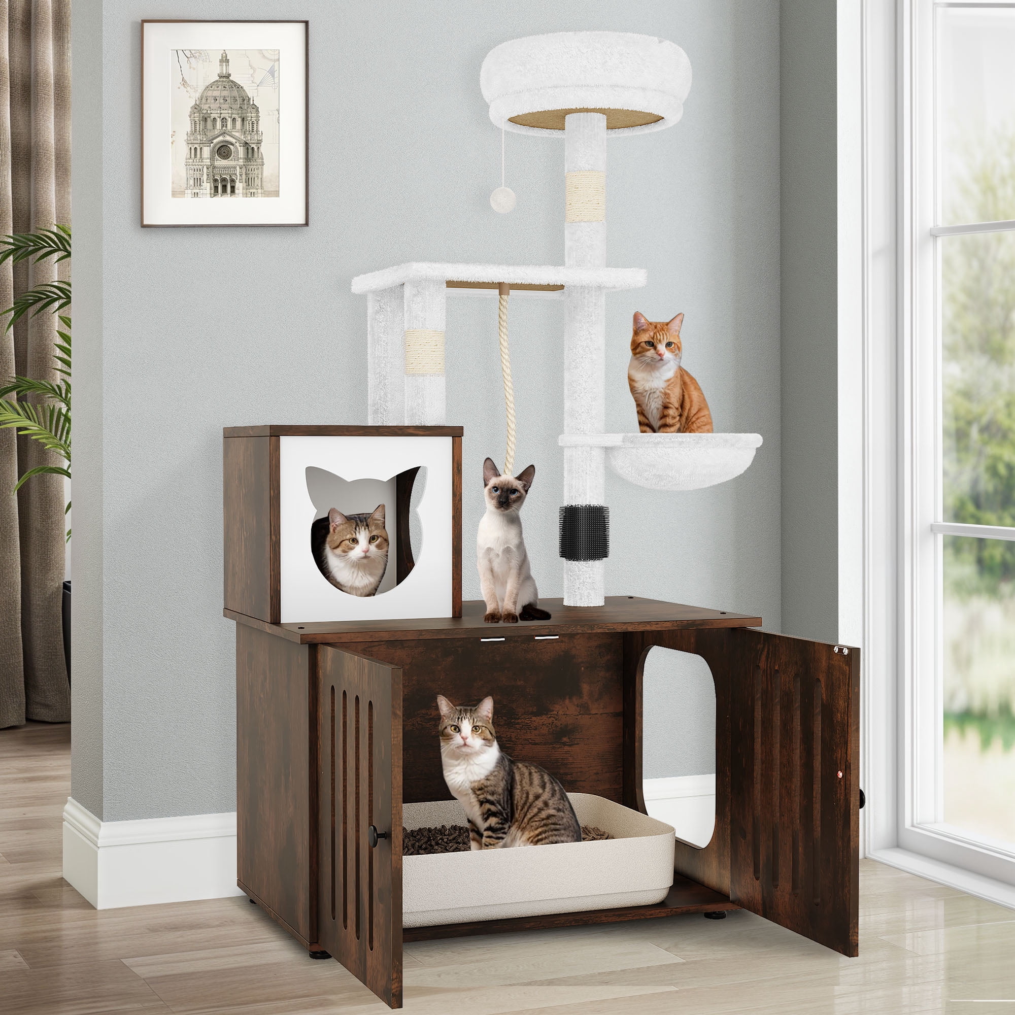 Dextrus 2-in-1 Cat Tree with Litter Box Enclosure,53.5" Large Modern Cat Condo with Scratching Posts, Perch, Food Station, Hammocks, Scratch Post, Rustic Brown