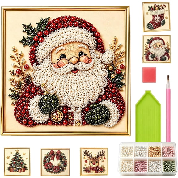 DIY Christmas Pearl Diamond Painting Art Kit with Frame, 7.9 * 7.9 in,Christmas Pearl Beads Art Craft for Adults Beginner, 3D Christmas Pearl Art Craft for Home Wall Decor,Santa