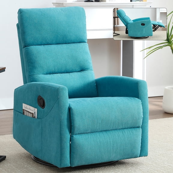 Manual Recliner Chair with Rocker & Swivel in Fabric for Living Room (Blue)