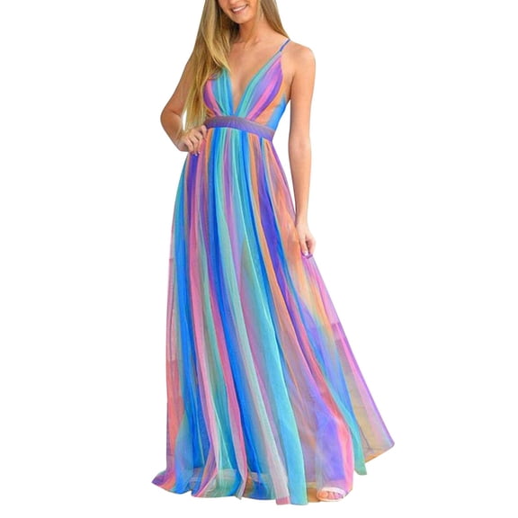 Women's Deep V Rainbow Chiffon Sling Dress, Sexy Summer Suspender Gown,Hot Pink,XXL