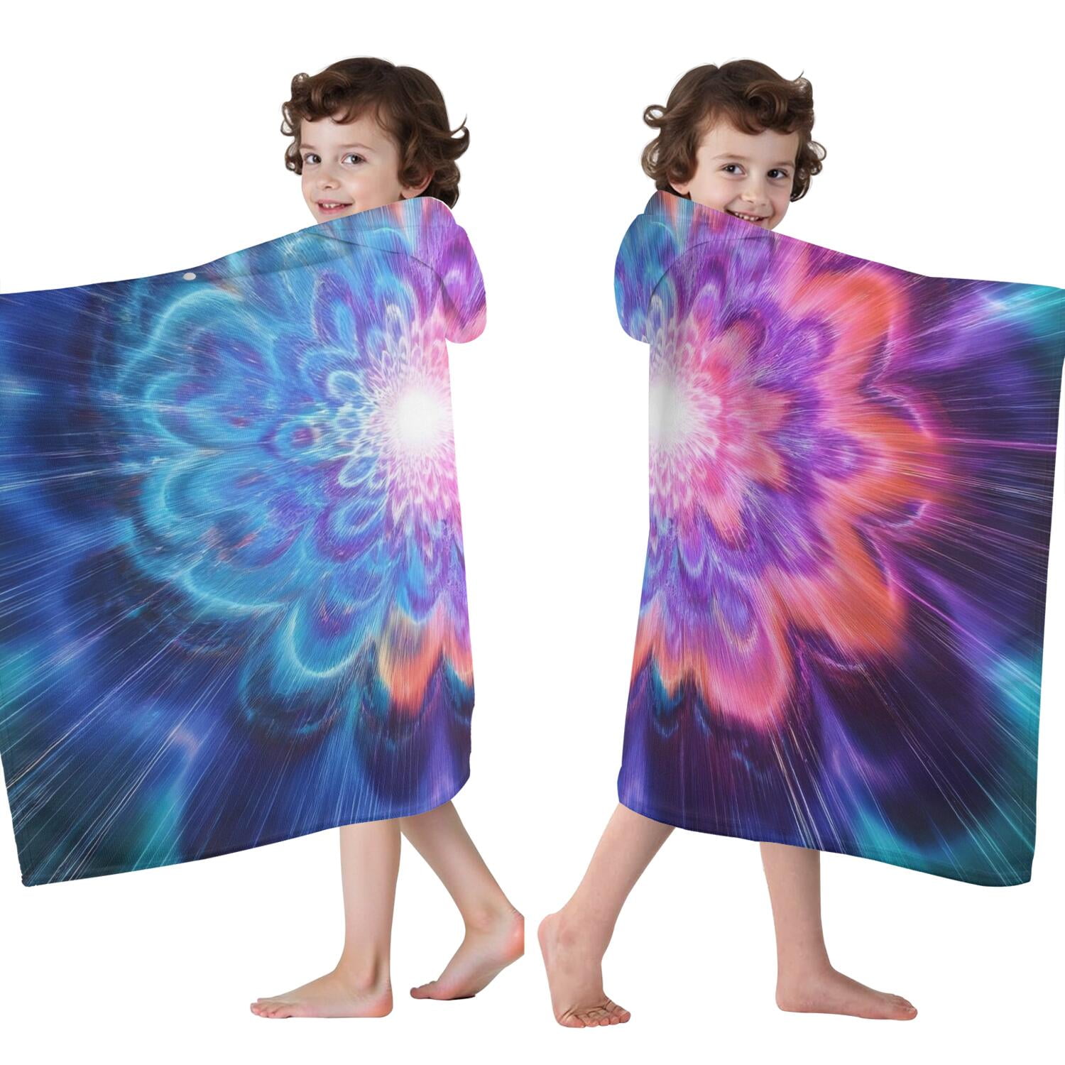 Colorful Tie Dye Burst Flower Pattern Hooded Bath Towel，60"x35" for Ages 3 To 12 Kids, Quick Dry Lightweight Soft Microfiber Hood Beach Towel Cover Up for Kids
