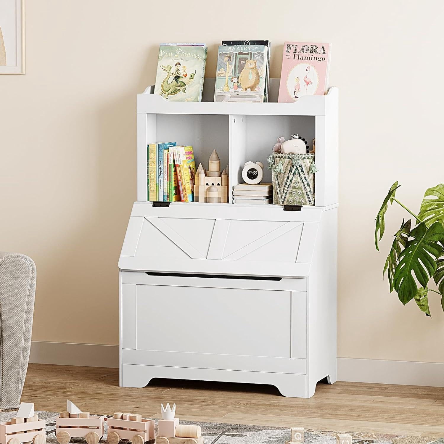 TROPOW Spacious 3-tier Wooden Kids Bookcase and Toy Storage Organizer with Flip-Top Lid, Versatile Design for Playroom, Bedroom, Nursery, and Kindergarten - Child-Friendly Toy Chest Organizer