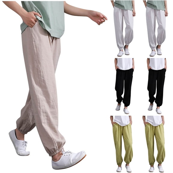 Wlynlyn Joggers for Women Cotton Linen High Waisted Pants Cinch Bottom Sweatpants Casual Comfy Pjs Pants