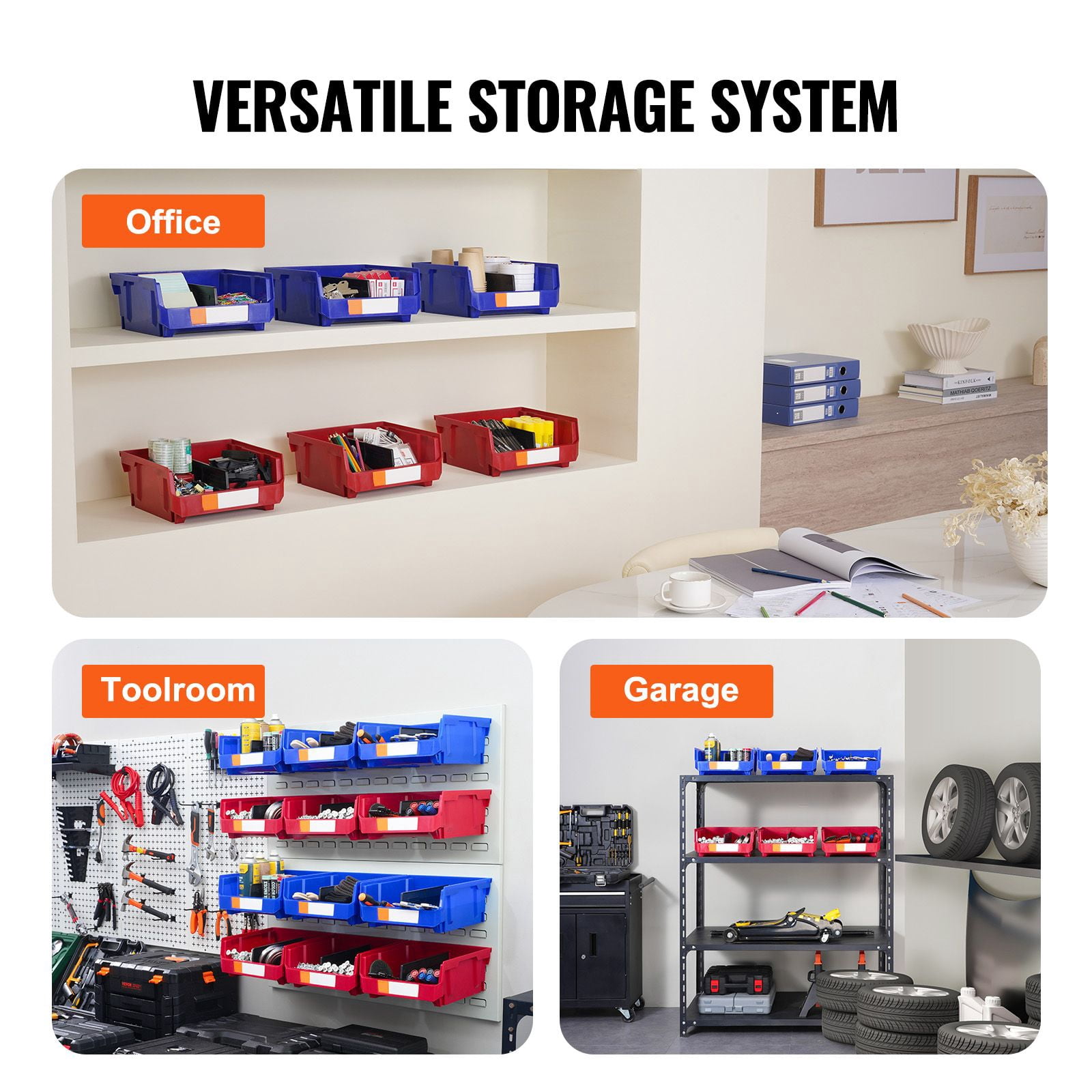 Stackable Storage Bins 10.87" x 10.98" x 5.04" with Dividers, Label Paper, PP Material, for Office Kitchen Garage Organization