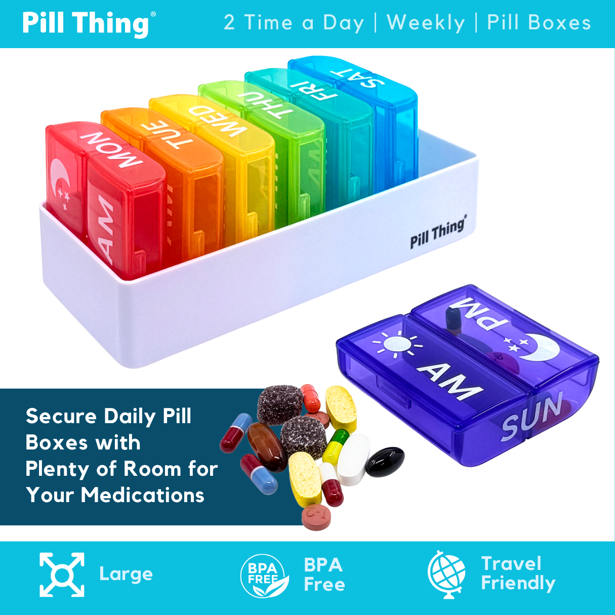 Large Weekly Pill Organizer AM/PM, 7 Day 2 Times Daily Pill Box with Extra-Large Compartments, Color-Coded Cases, BPA-Free, 1 Pack