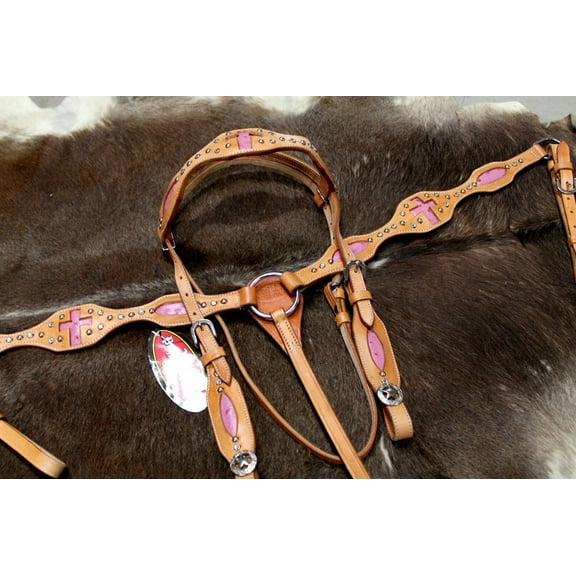 Horse Western Riding Leather Bridle Headstall Breast Collar Tack Pink 76152