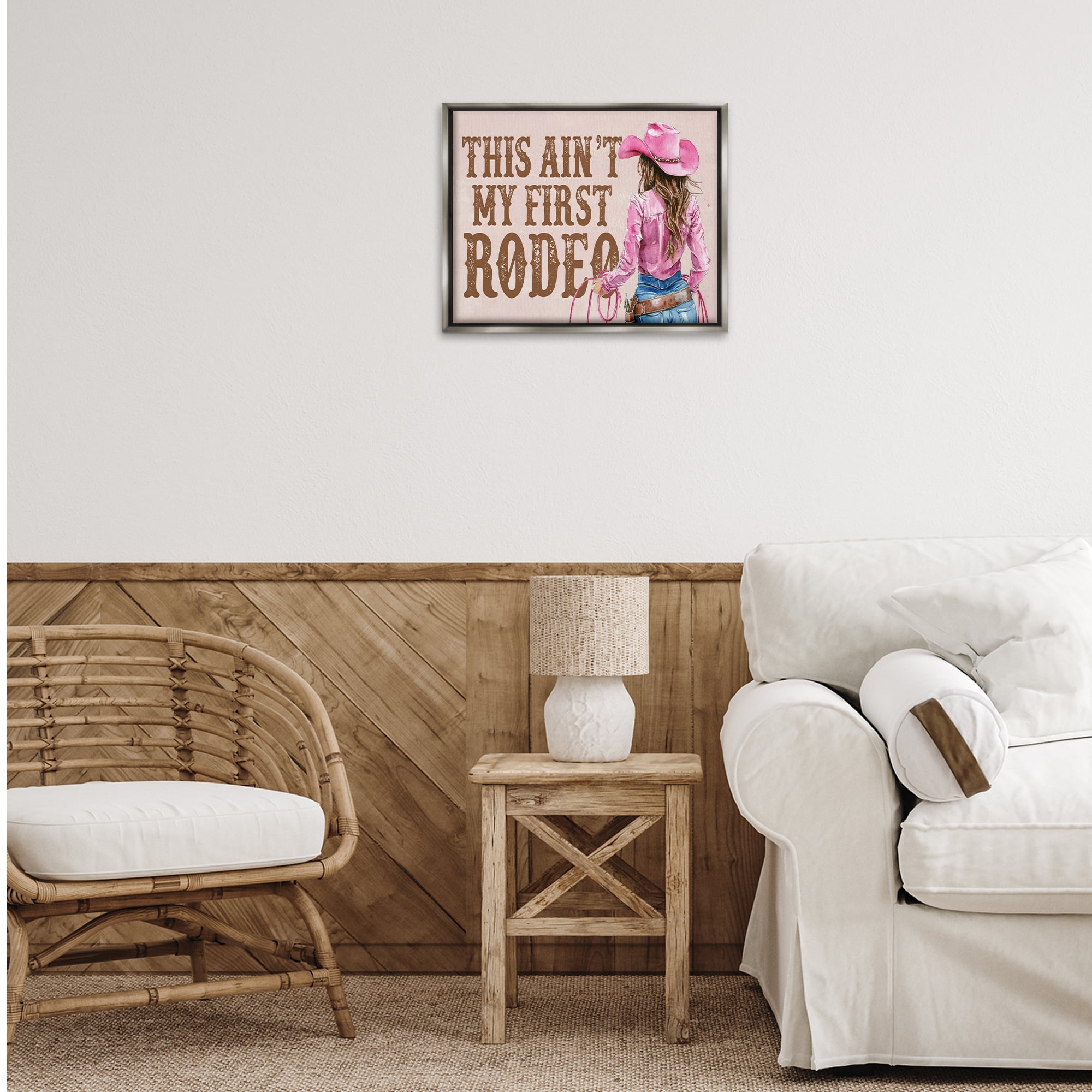 Stupell Industries Ain't My First Rodeo Girl People Painting Gray Floater Framed Canvas Art Print Wall Art, 21 x 17