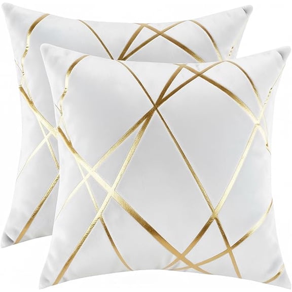 Eryueer Pack of 2 Velvet Cushion Covers 45 x 45 cm Luxury Gold Striped Decorative Throw Pillow Covers White Soft Square Cushion Case Couch Pillowcases for Sofa Living Room Bedroom
