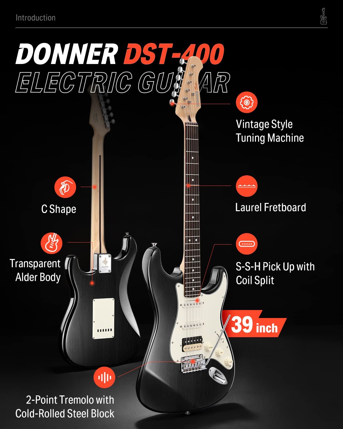 Donner 39 Inch Electric Guitar, Designer Series DST-200 Stylish Solid Body  Electric Guitar for Beginner Intermediate ＆ Pro Players, Single Coil Split  ギター