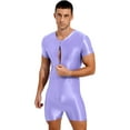 thumbnail image 3 of YIZYIF Mens Glossy Front Zipper Bodysuit Jumpsuit Spandex One-Piece Dance Unitard Biketard Light Purple M, 3 of 5