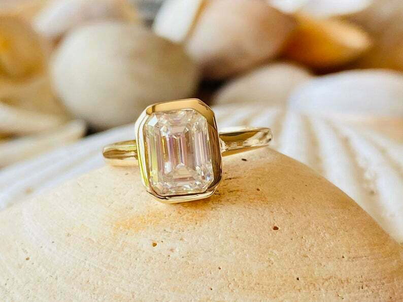 HeartsAndYou 2ct Engagement Ring for Women Emerald Cut Moissanite Bezel Set Solitaire 18k Yellow Gold over Silver
