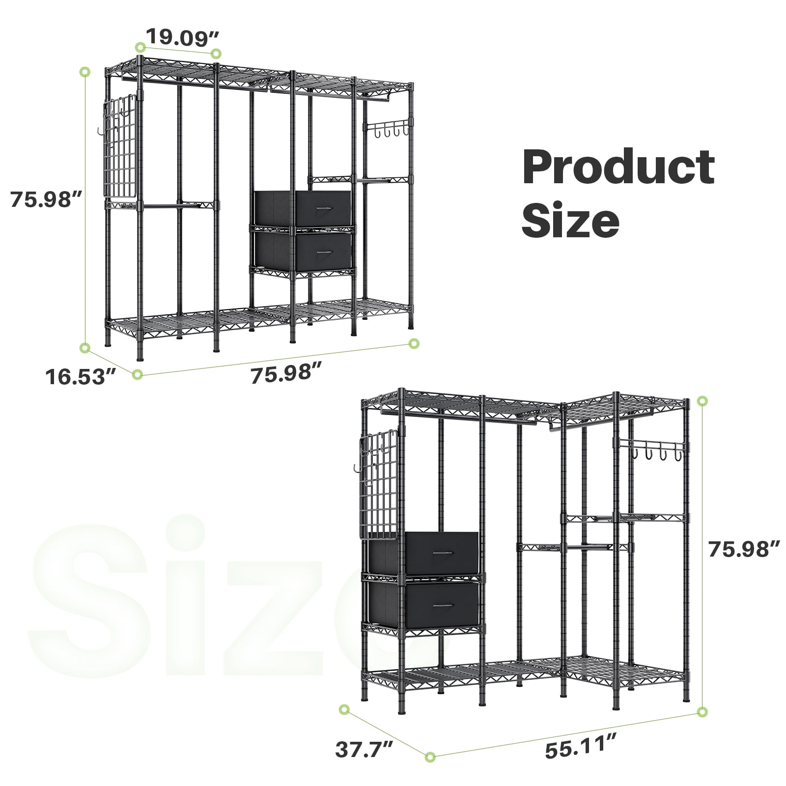 HOKEEPER 1350LBS 76" L x 17" W x 76" H Portable Closet Wardrobe Heavy Duty Clothes Rack, Freestanding Clothing Rack with 6 Hang Rods, 10 Shelves & 2 Drawers , Adjustable Closet Garment Rack, Black