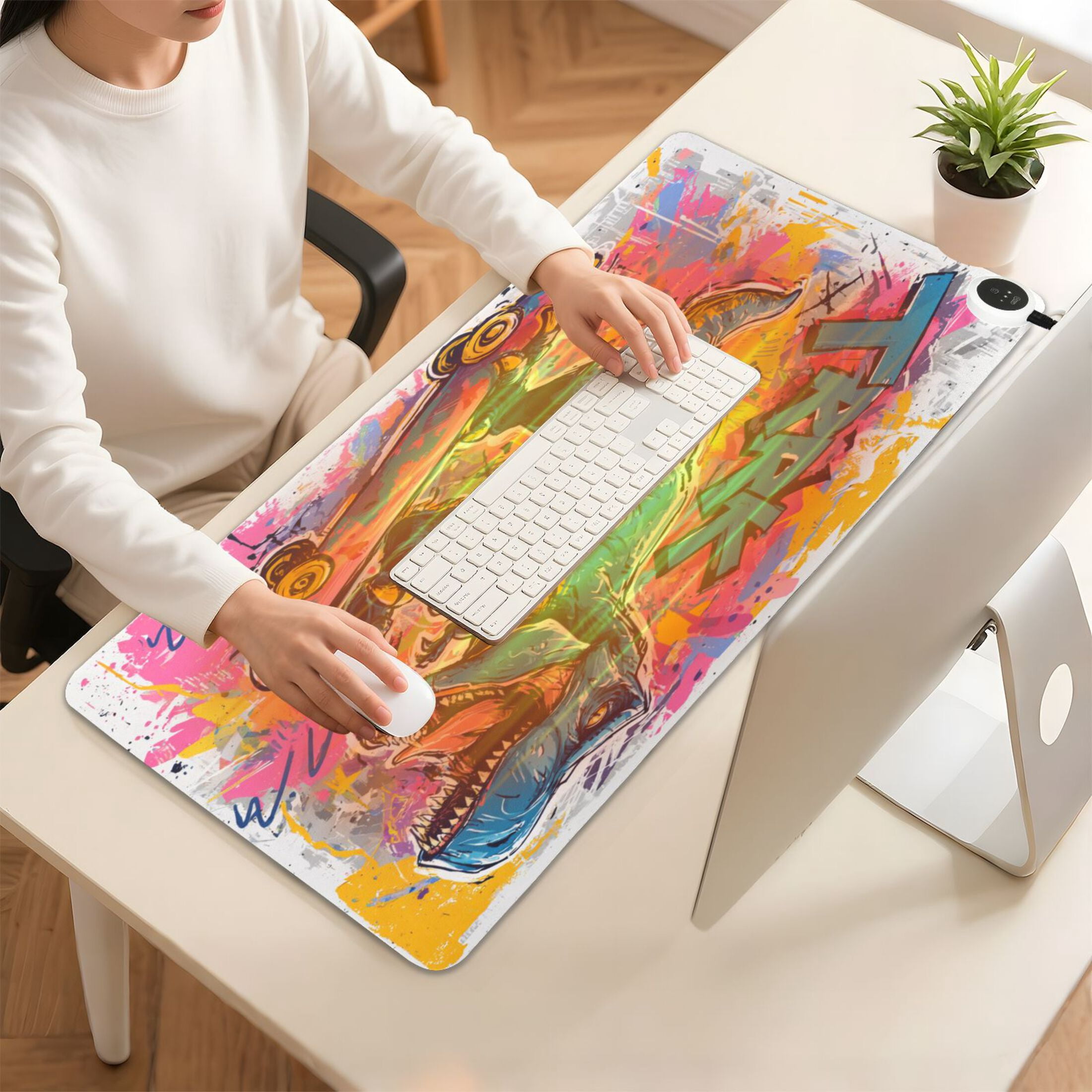 Large Heated Desk Mat Mouse Pad 31.5"x13"PU Leather Graphene Heating Desk Warmer with 3 Temperature Settings 110V US Plug Non-Slip Warm Pad for Home, Office, and Gaming Street Art Dinosaur Design
