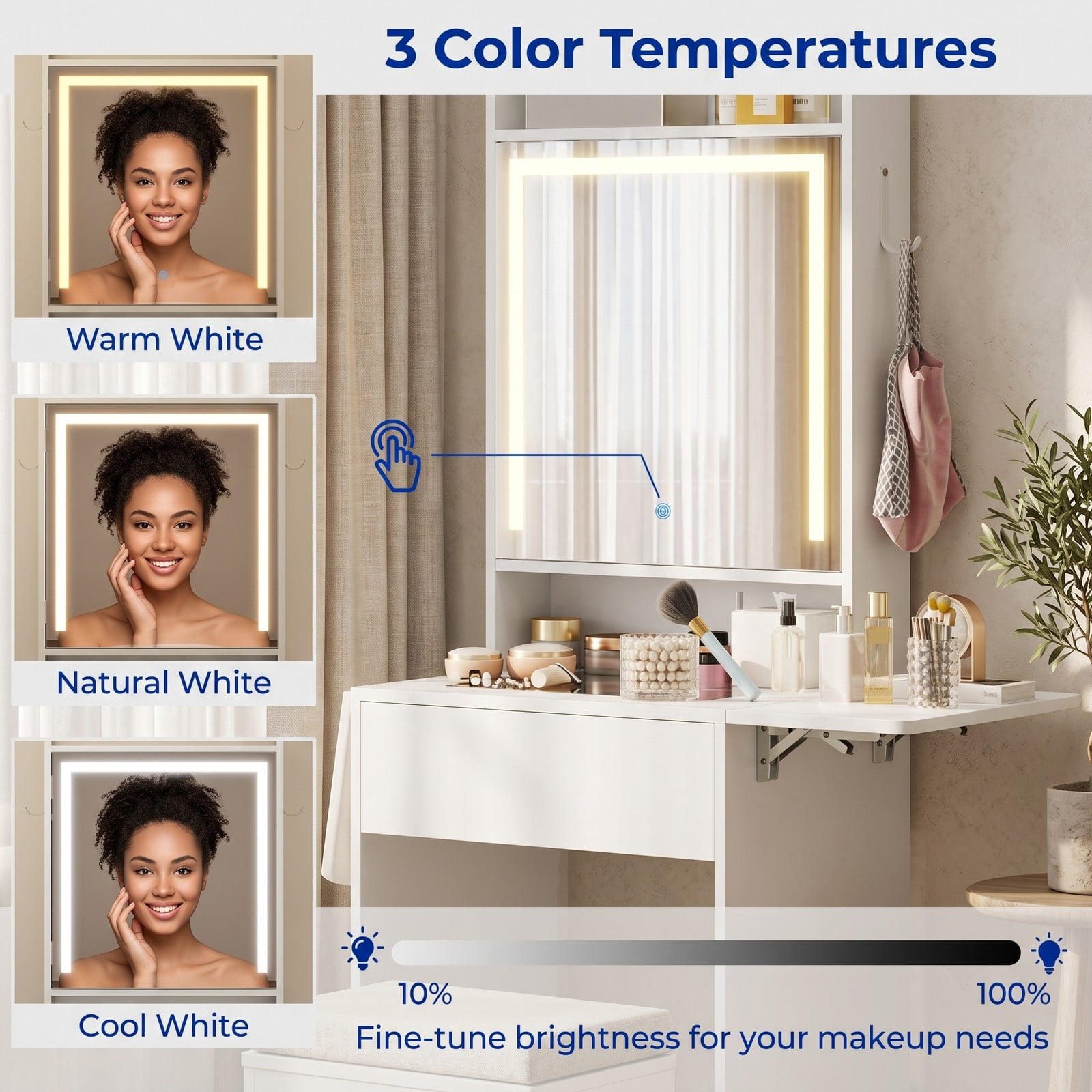 Furnibear Space Saving Vanity Desk with Foldable Drop Leaf Tables and LED Lighted Mirror and Storage Stool for Small Bedroom,White