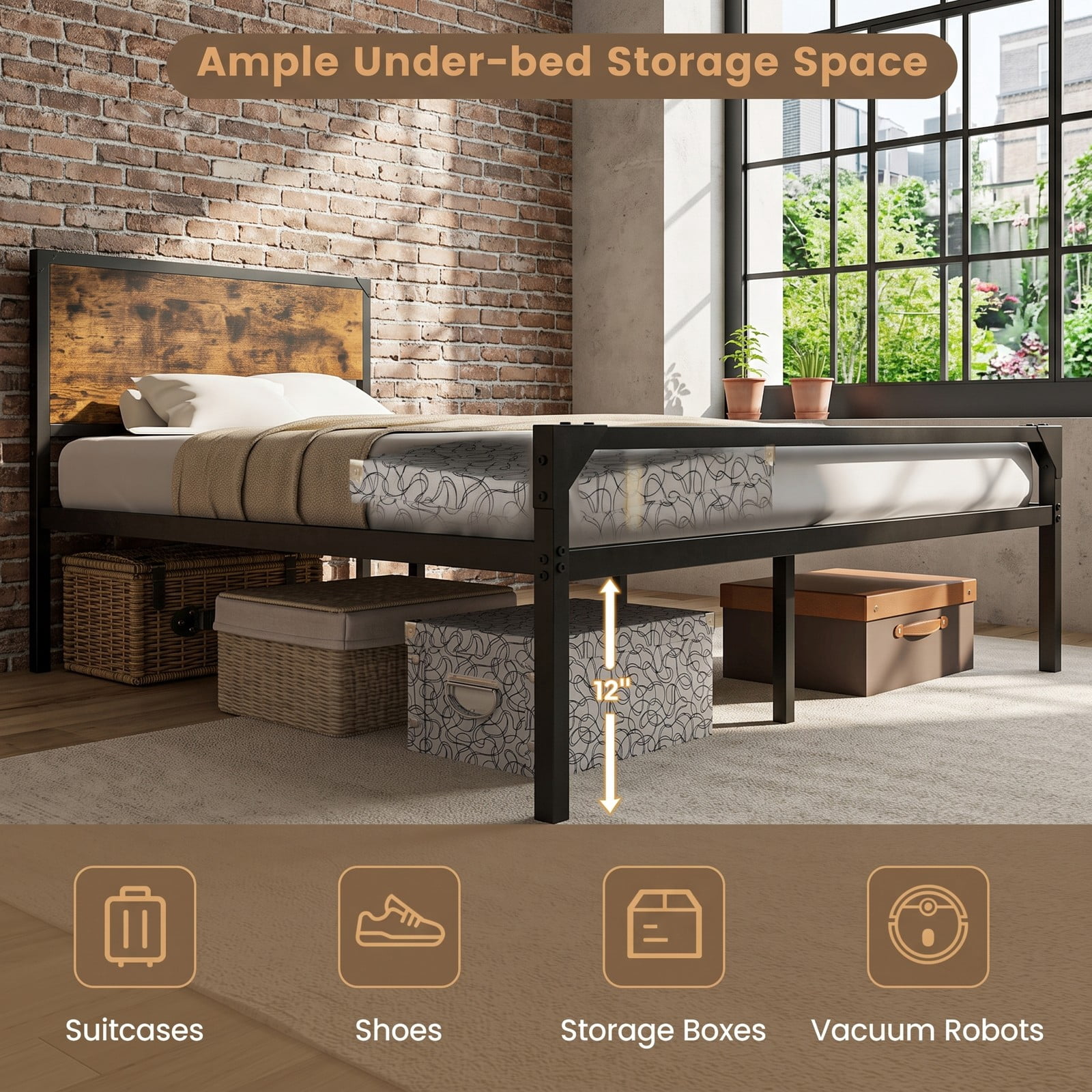 Furnibear Queen Platform Bed Frame with Rustic Wood Headboard and Footboard and Under-Bed Storage for Bedroom, Rustic Brown and Black