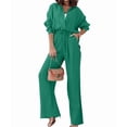 thumbnail image 2 of Women'S Solid Color Collared Blouse and High Waist Pants Two Piece Set Fashion Green S, 2 of 9