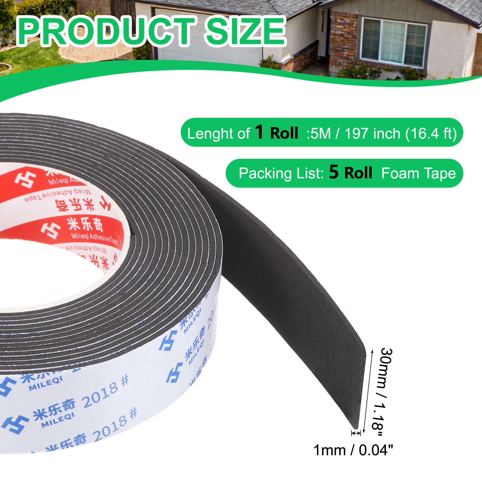 Uxcell 5Roll Sponge Rubber Foam Tape, 1 3/16" W x 1/32" t x 16.4ft l Self-Adhesive Foam Insulation Tape Weather Stripping for Window Door Soundproofing Weatherstrip AC Seal Strip, Black