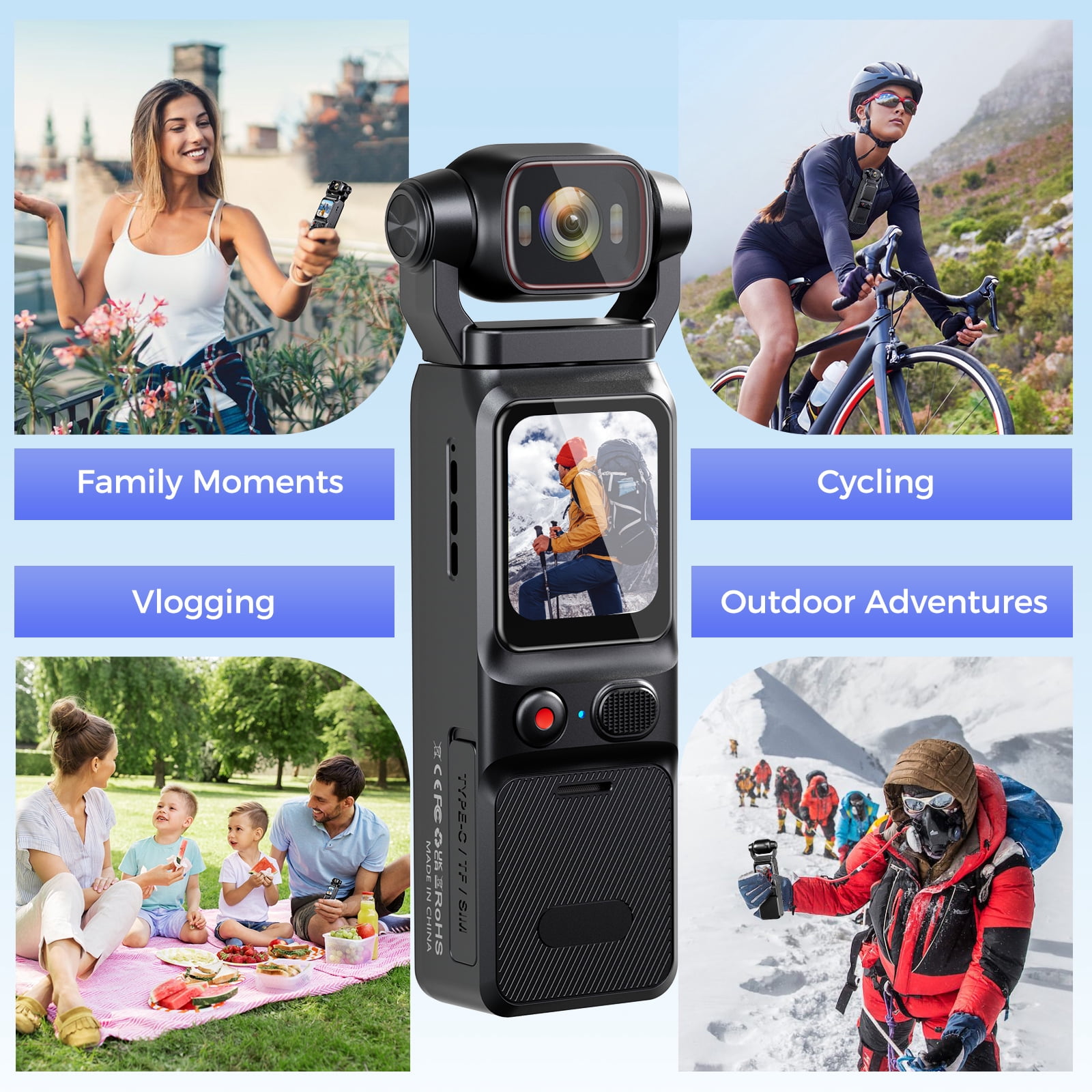 4K/30FPS 48MP vlogging Camera Pocket Action Camera with 6-Axis Stabilization 180° Rotatable Lens 160° Wide Recording WIFI Digital Vlog Camera for YouTube Travel Creators