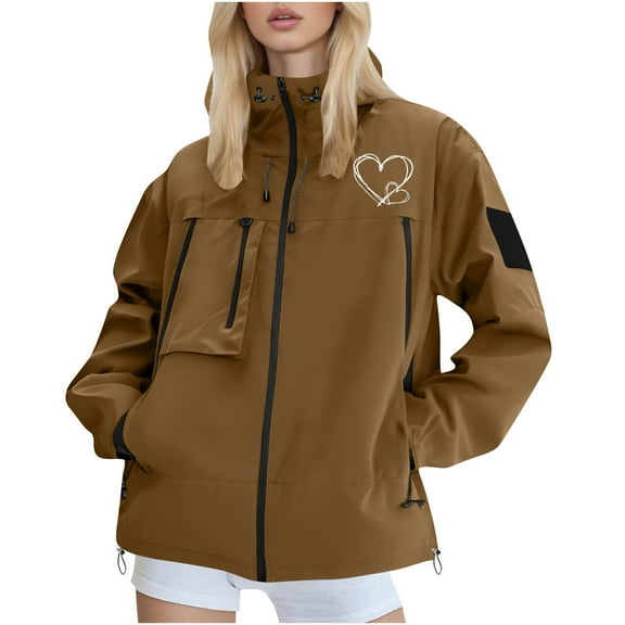 Enjoytime Raincoat for Women Print Waterproof Windproof Lightweight Hooded Rain Jacket Travel Outdoor Windbreaker Plus Size Clothes for Women