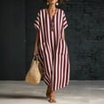 thumbnail image 2 of ClodeEU Women's Striped V Neck Short Sleeve Linen Blend Midi Dress, Casual Loose Swing Sundress with Pockets Wine,Women's Plus S, 2 of 8