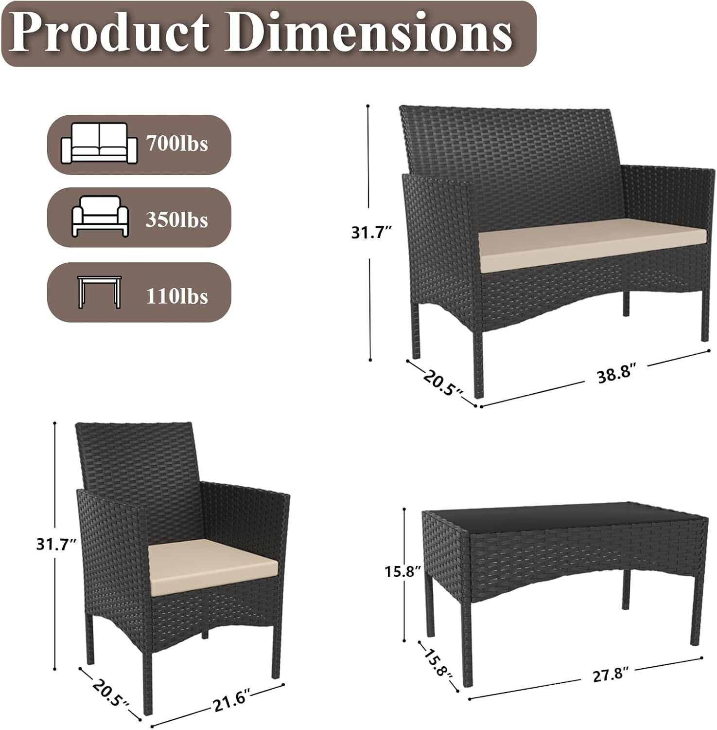 ASJMR 4 Pieces Outdoor Patio Furniture Sets Conversation Sets Rattan Chair Wicker Sets with Cushions & Tempered Glass Table for Patio Pool Backyard,Brown
