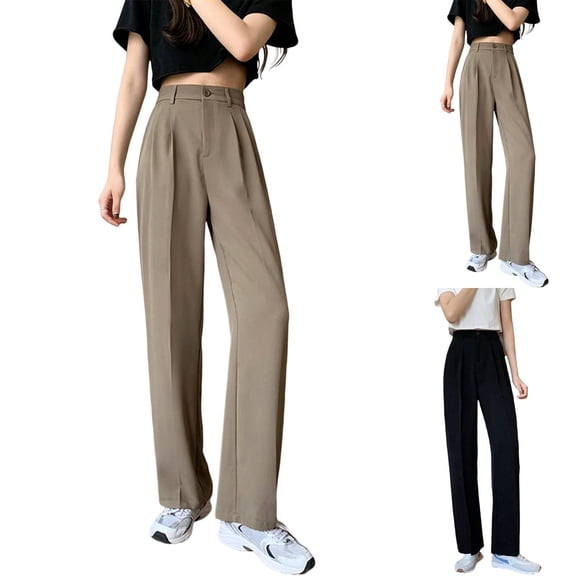 Women Wide Leg Pants with Pockets High Waist Stretch Dress Casual Flattering Fit Straight Leg Trousers by Yigetop Black L