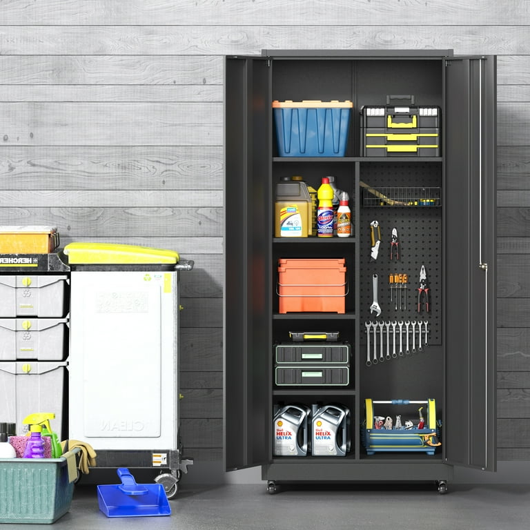 Coolsun Metal Garage Storage Cabinet with Locking Doors, 71" H Rolling Tool Storage Cabinet with Wheels, Tall Storage Cabinet with Adjustable Shelves for Office Home,Garage,Shop-Black