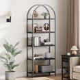 thumbnail image 1 of 5 Tier Bookshelf, Arched Metal Frame Bookcase with Wood Shelf, Tall Standing Storage Rack, 1 of 7