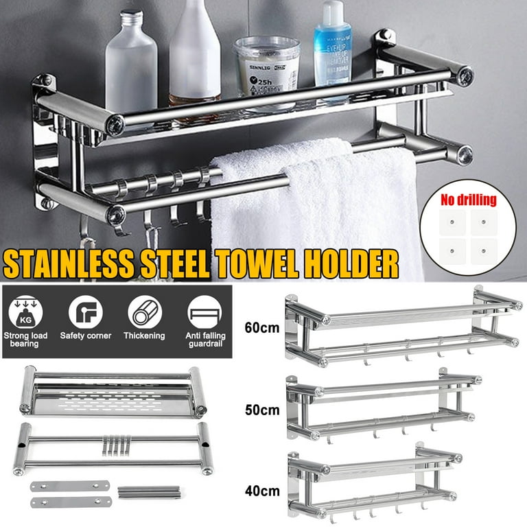 Stainless steel double towel rack wall mount bathroom shelf bar rail hotel style new arrivals
