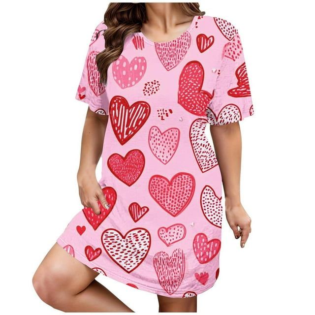 RANJIE Chemise de Nuit de la Saint-Valentin pour Femme à Imprimé de Cœurs, Manches Courtes, Robe de Sommeil, Vêtement de Nuit, Rose 5TG