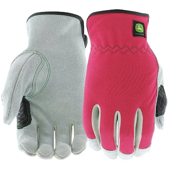 John Deere JD00016-WML Split Cowhide Leather Gloves - [1 Pair] Medium/Large Womens Work Gloves, Pink Black