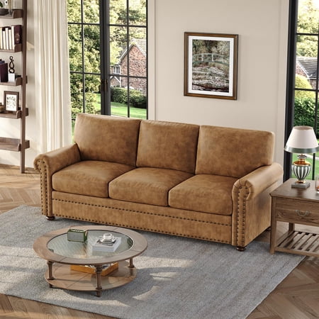 ROGALIS 84" Faux Leather Sofa, Mid-Century Modern 3-Seater Couch with Nailhead Trim and Rolled Arms, Caramel