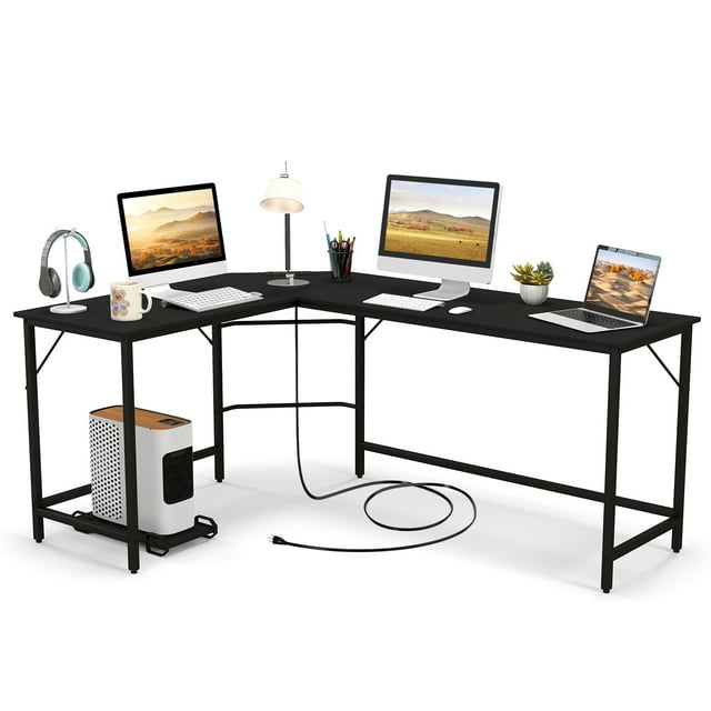 Patiojoy L-Shaped Desk with Power Outlet 66" Computer Corner Desk with CPU Stand & Heavy-duty Metal Frame Black