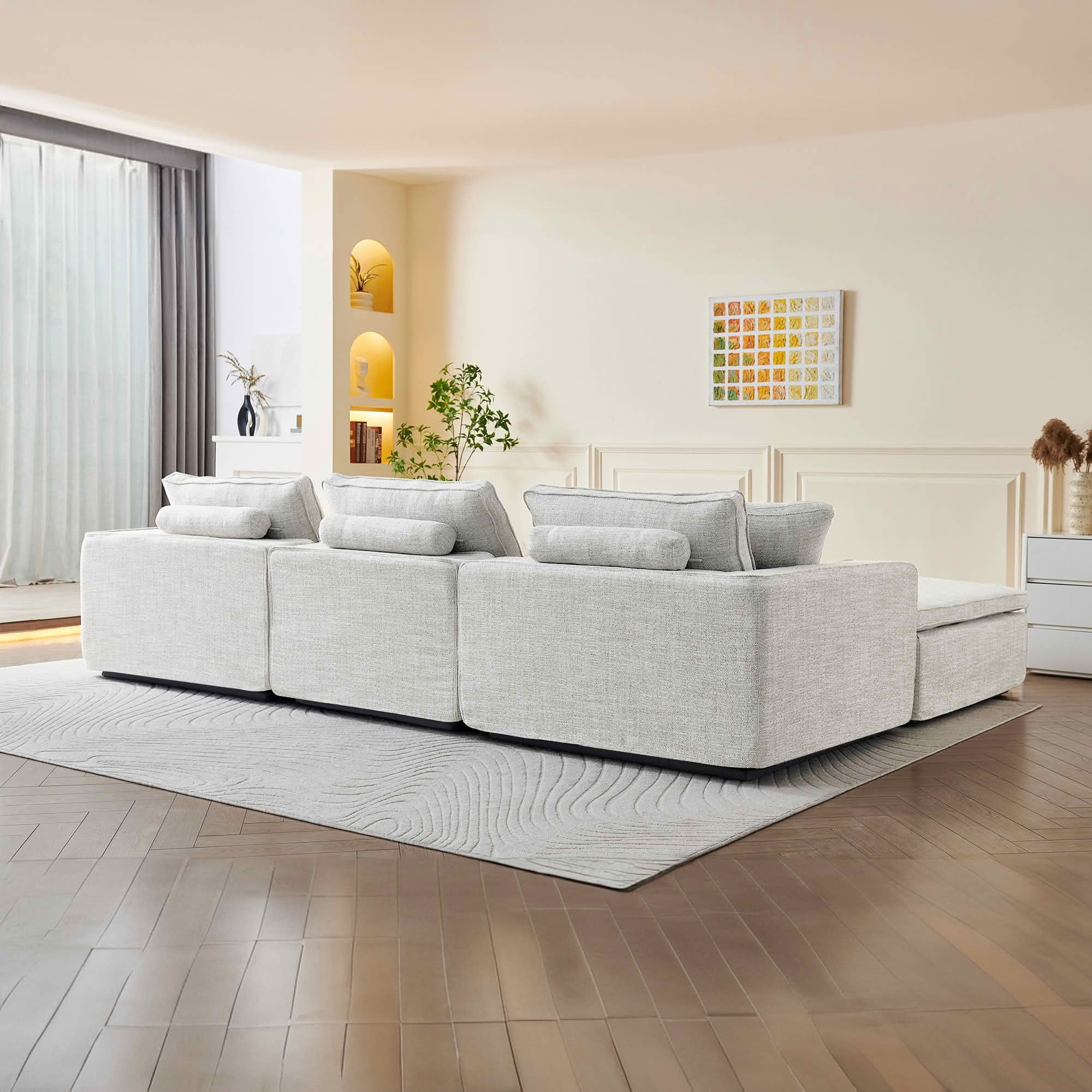 MAYEERTY 131in 4-Seater Cloud Couch with Ottoman, Washable Linen Cover, Pocket Springs & Compressed Delivery，White