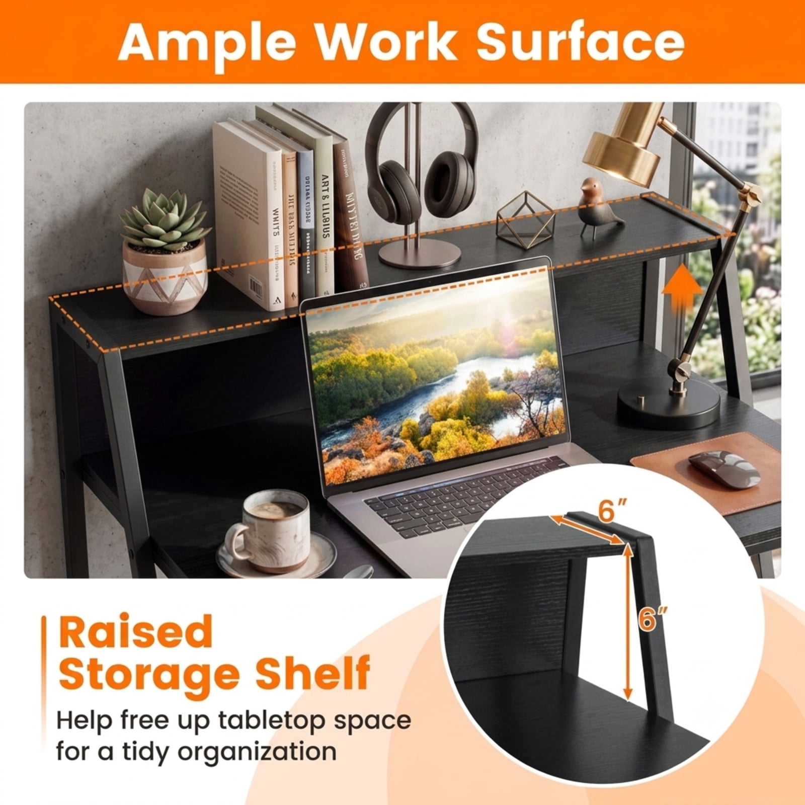 Furnibear 31.5" Industrial Computer Desk with Raised Shelf, Small Writing Desk with Metal Frame for Home Office Bedroom Study Small Spaces, Black