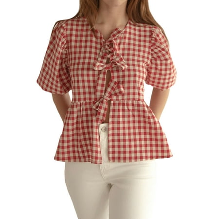 JBEELATE Women Bow Tie Front Shirt Top Cute Puff Sleeve Y2K Peplum Ruffle Babydoll Blouse Lace Up Summer Going Out Tops
