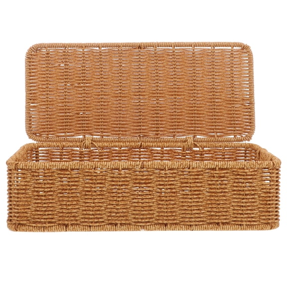 LOLIPPYY Light Brown Woven Rattan Desktop Storage Basket with Lid
