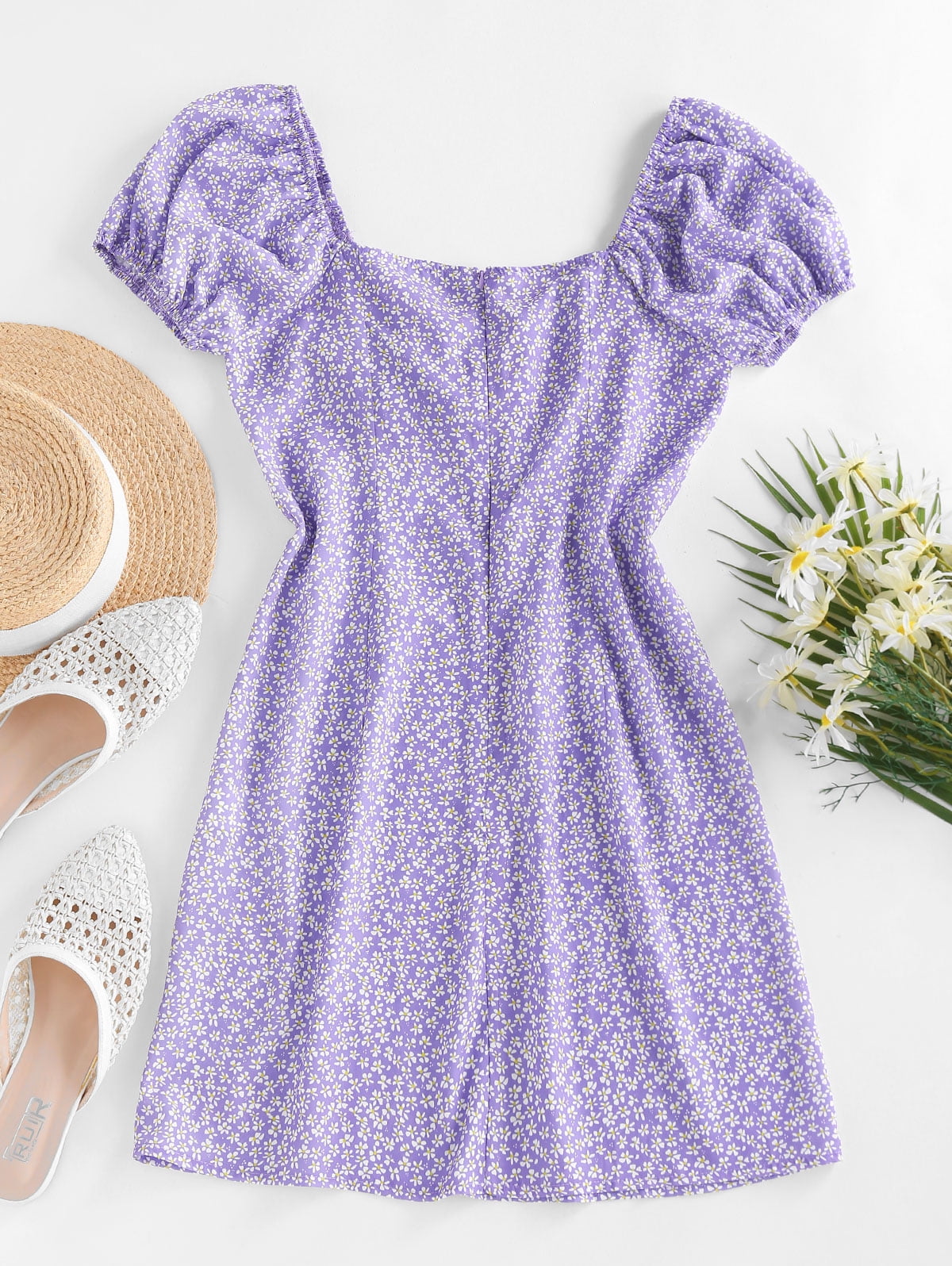 zaful purple dress ZAFUL Women Leisure Tiny Floral Puff Sleeve Slit Mini Dress Light Purple S