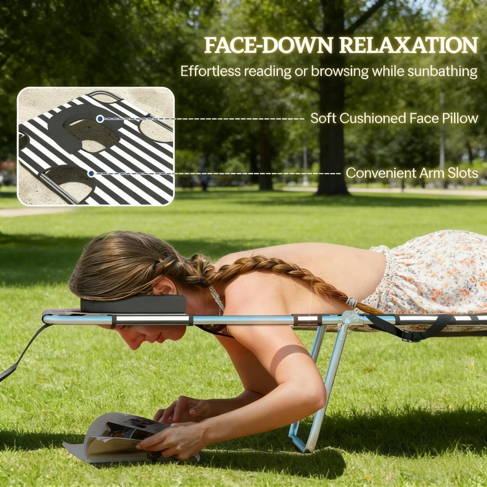 Outdoor Folding Sun Lounger 5-Position Adjustable Backrest Face Cavity & Arm Slots with Side Pocket Carry Strap Breathable Oxford Fabric Lounge Chair for Beach Pool Patio