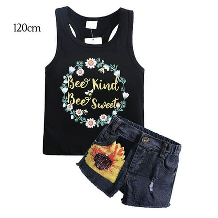 

2Pcs Kids Clothes Outfit Girl Tank Vest Tee Top Short Pants Jeans Sunflower