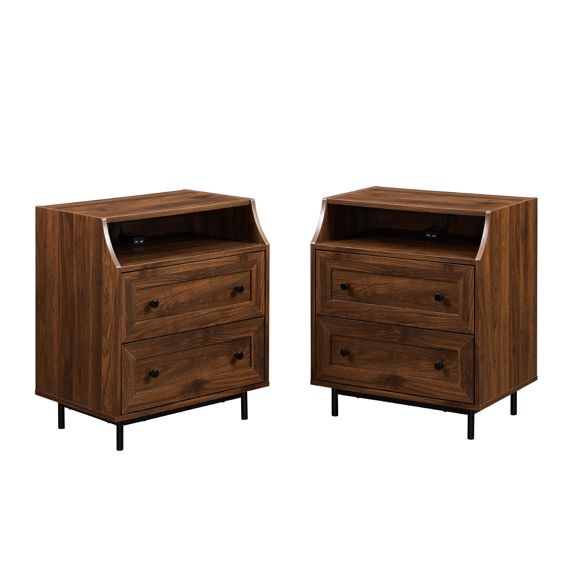 Walker Edison Modern 2 Drawer USB Port Nightstand, Set of 2, Dark Walnut
