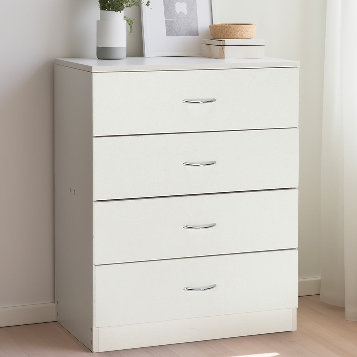 UBesGoo 4-Drawer Dresser Pure White with Metal Handles Bedside Night Stand Bedroom, White