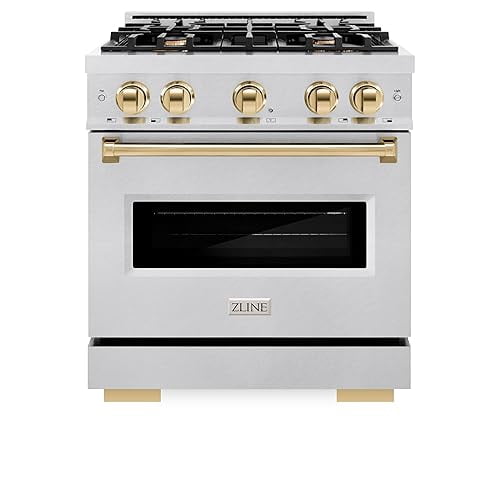 ZLINE Autograph Edition 30 in. 4.2 cu. ft. Classic Dual Fuel Range with 4 Burner Gas Cooktop and Electric Convection Oven in DuraSnow Stainless Steel with Polished Gold Accents (CDRSZ-30-G)